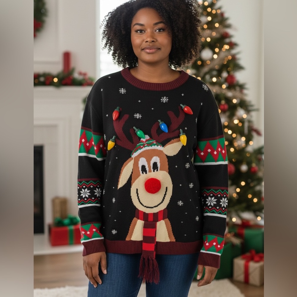 Festive Reindeer Crewneck Sweater - Black